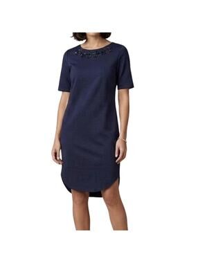 Cynthia Rowley Women's Navy Shift Dress Beaded Neckline Party Business Size 14